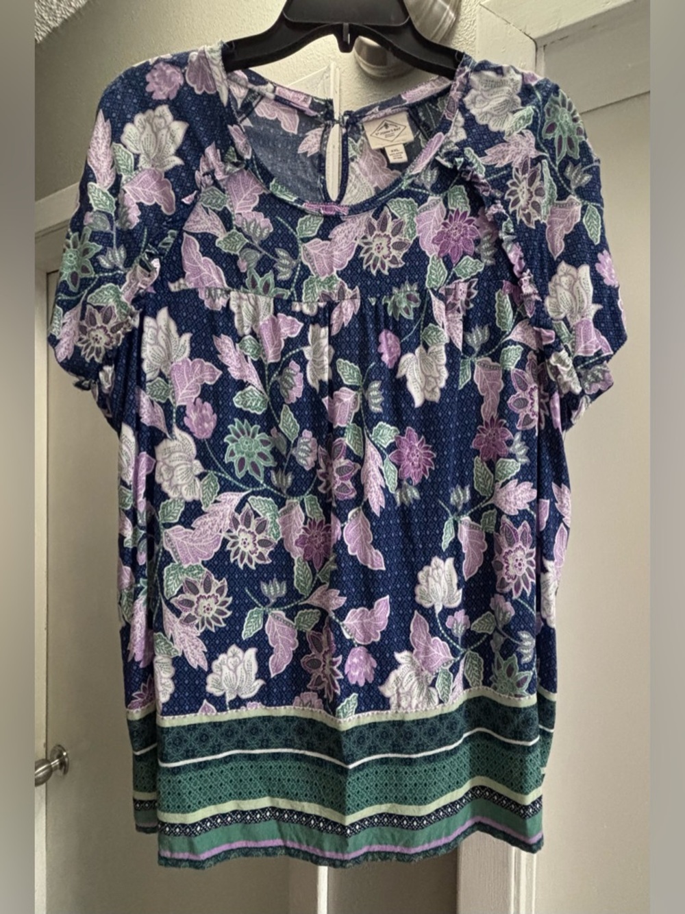 St. John's Bay Navy Floral Scoop-Neck Top with Lavender & Green